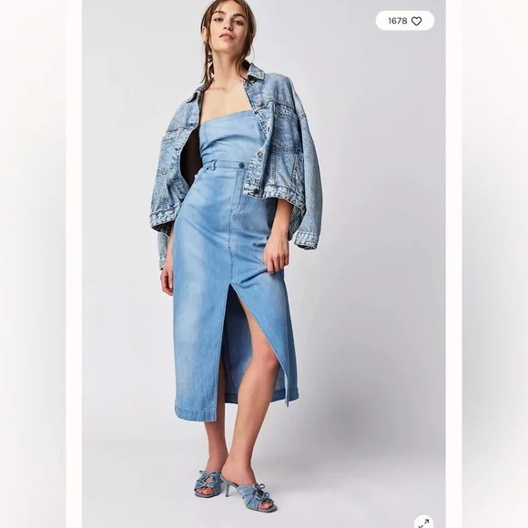 Free People Picture Perfect Strapless Tube Denim Midi Dress 10 - Picture 2 of 7